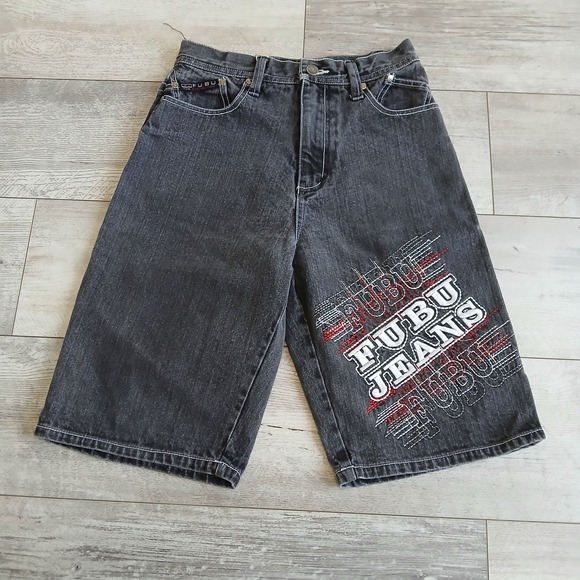 FUBU The Collection Boys Gray Denim Shorts Size 14 Jeans Embroidered Logo Y2K - Picture 1 of 14